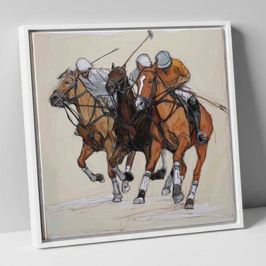 The Midfield Charge polo horse canvas wall art in white frame