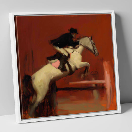 The Crimson Leap show jumping horse canvas wall art in white frame