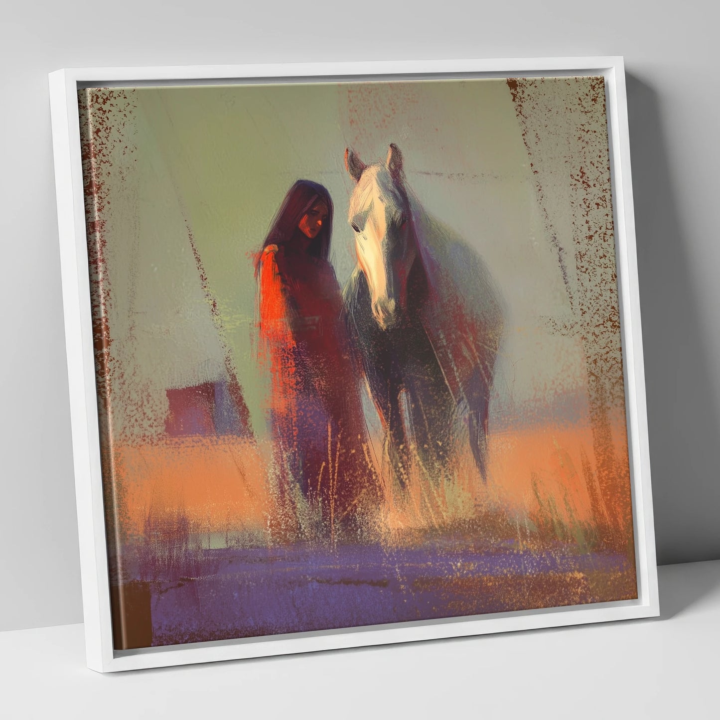 Whispers in the Haze horse & rider canvas wall art in white frame