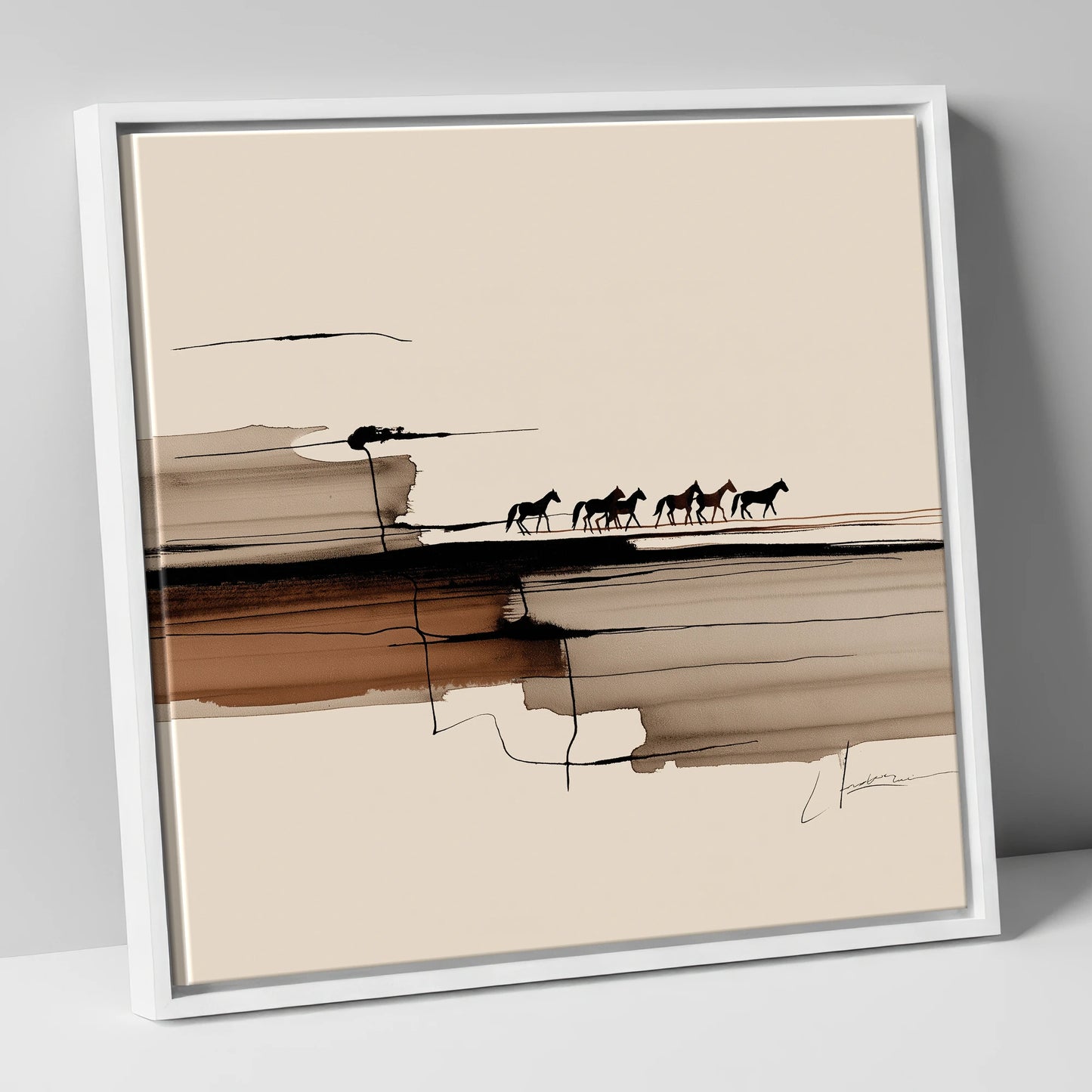 The Distant Herd horse landscape canvas wall art in white frame