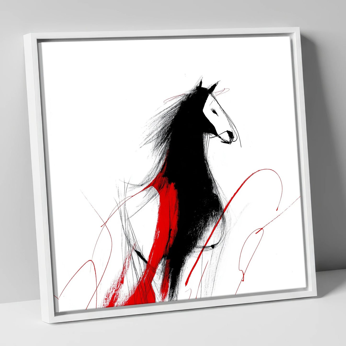 Crimson Equine Silhouette horse portrait canvas wall art in white frame