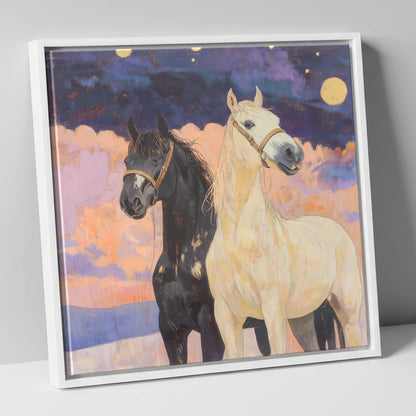 Celestial Companions horse landscape canvas wall art in white frame
