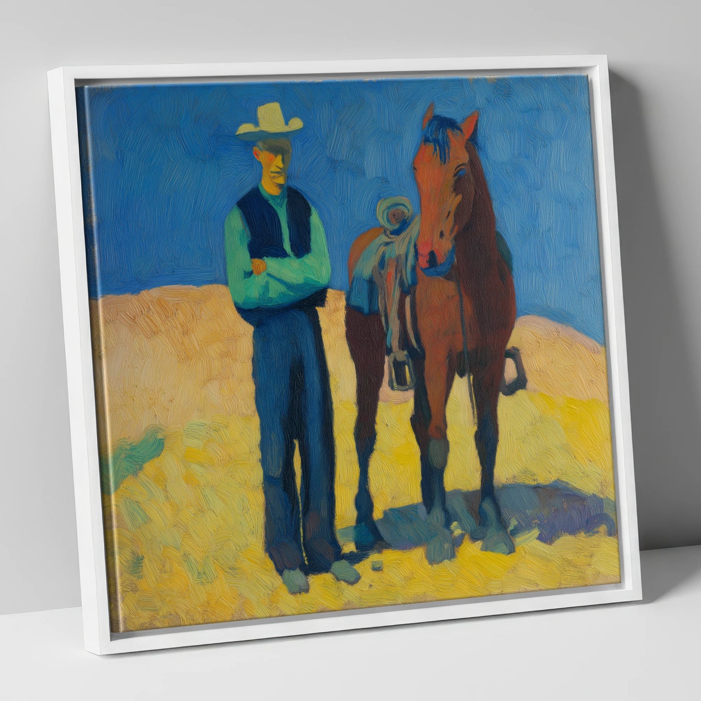 High Noon Shadows western horse canvas wall art in white frame