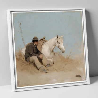 The Journey's Pause horse & rider canvas wall art in white frame