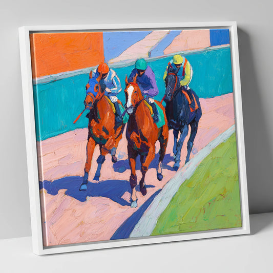 The Final Furlong racing horse canvas wall art in white frame