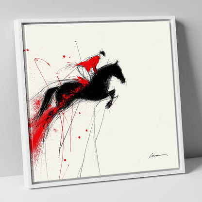 Crimson Flight show jumping horse canvas wall art in white frame