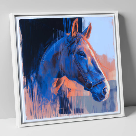 Cobalt and Apricot Light horse portrait canvas wall art in white frame