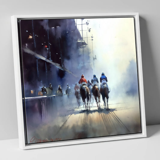 Towards the Post racing horse canvas wall art in white frame