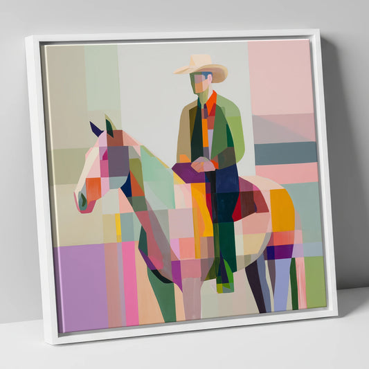 Geometric Western Rider western horse canvas wall art in white frame