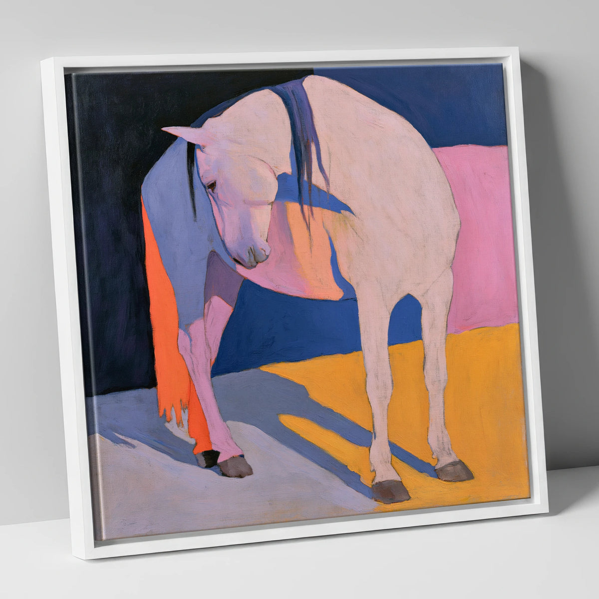 Vibrant Colour Block White Horse horse breed canvas wall art in white frame