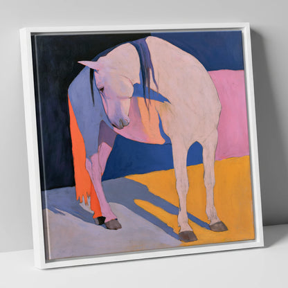 Vibrant Colour Block White Horse horse breed canvas wall art in white frame
