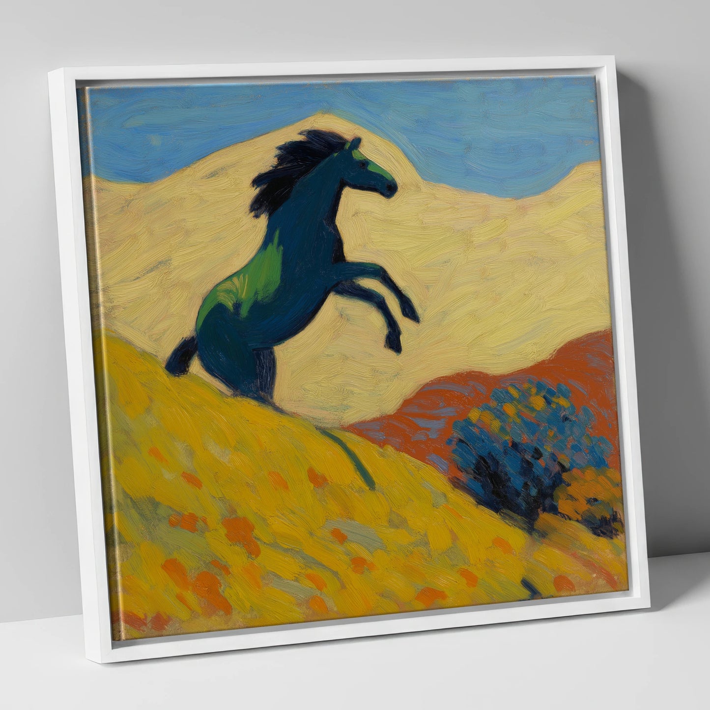 Rearing Indigo wild horses canvas wall art in white frame