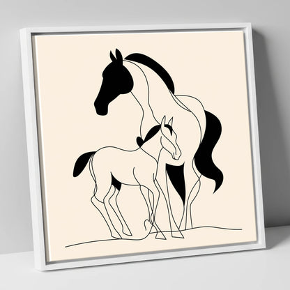 Tender Bond Line Art mare & foal canvas wall art in white frame