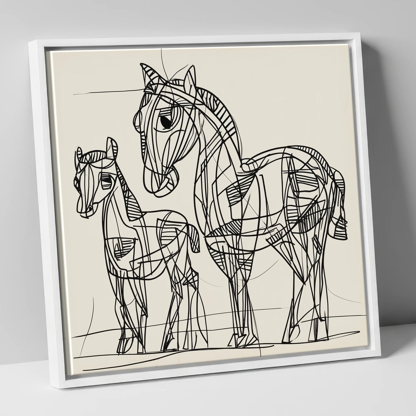 Linear Equine Bond mare & foal canvas wall art in white frame