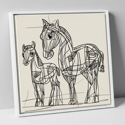 Linear Equine Bond mare & foal canvas wall art in white frame