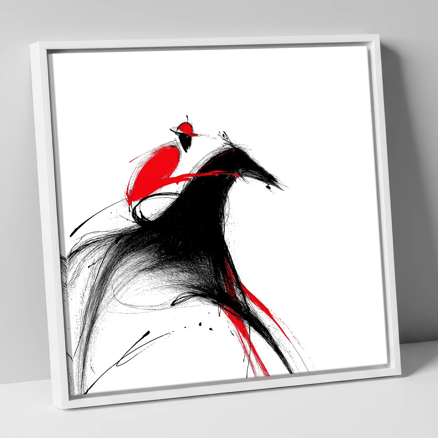 Crimson Pace racing horse canvas wall art in white frame