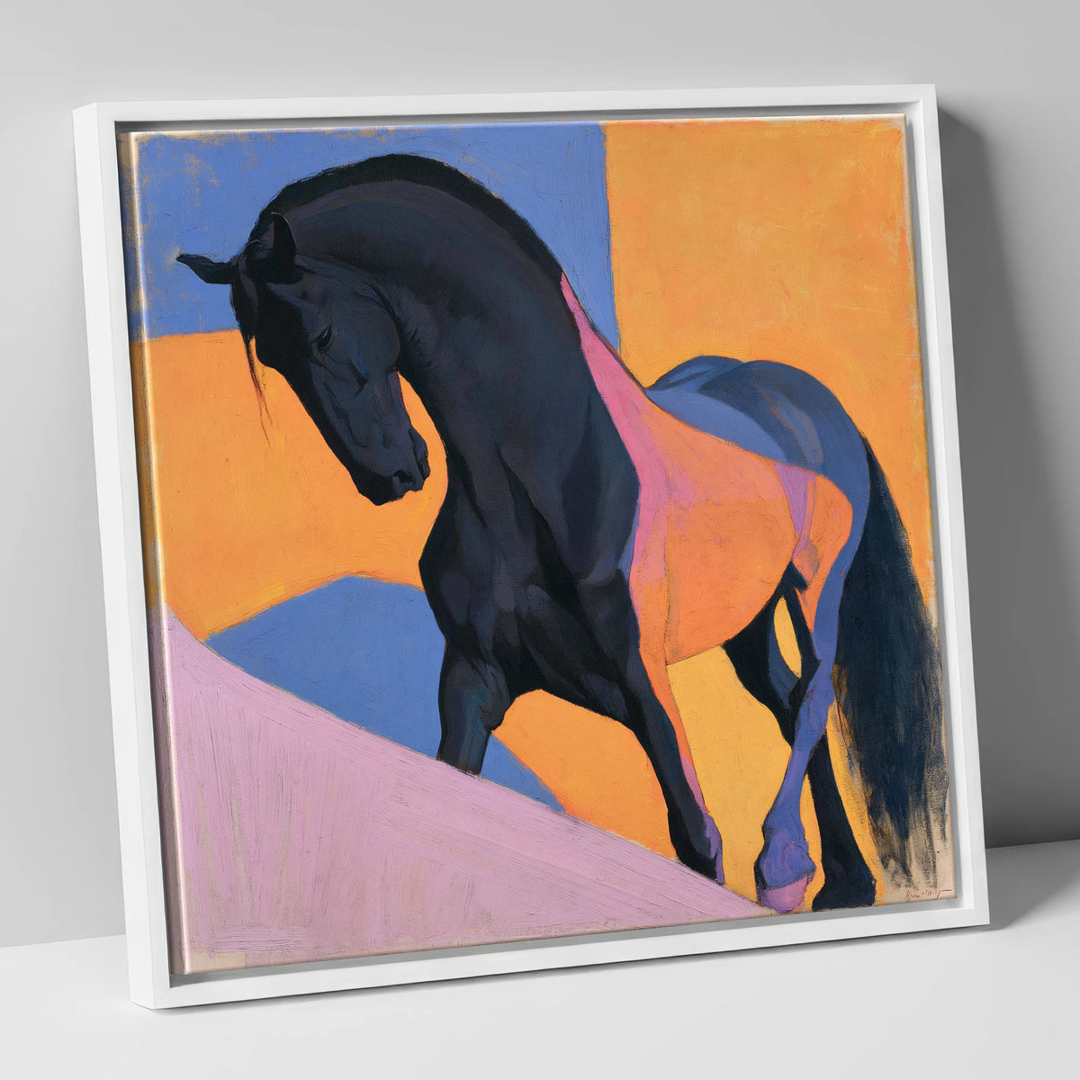 Black Stallion on Bold Orange horse breed canvas wall art in white frame