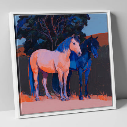 Contrasting Companions horse landscape canvas wall art in white frame