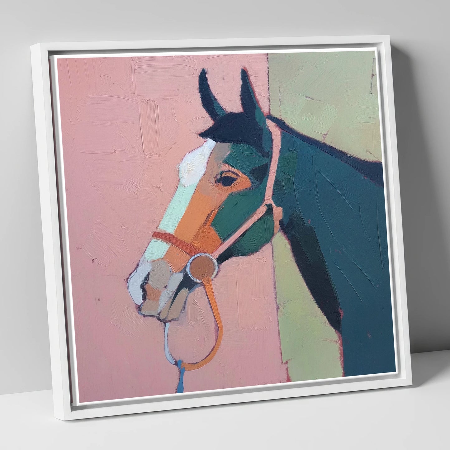 Modern Geometric Profile horse portrait canvas wall art in white frame