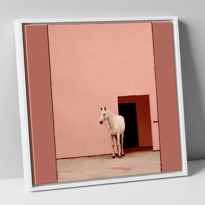 The Pink Courtyard horse stable canvas wall art in white frame