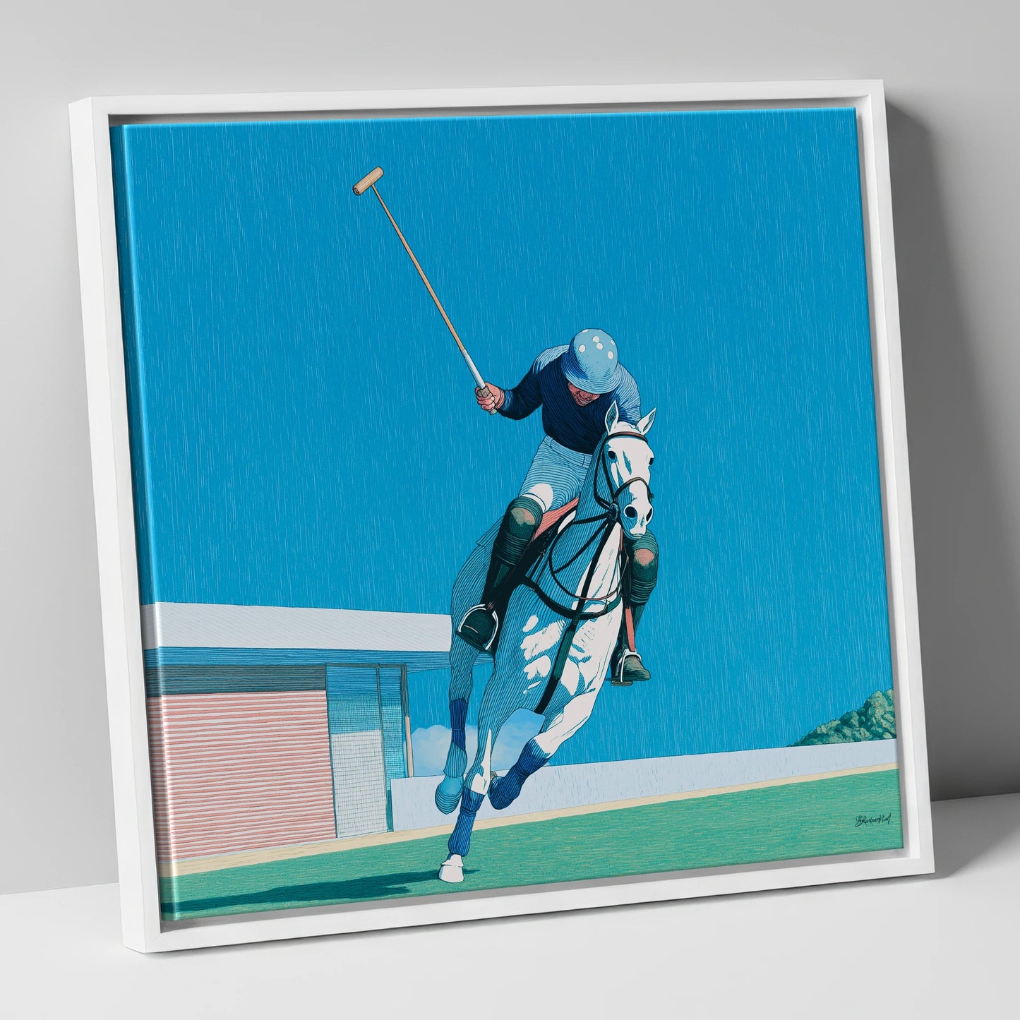 The Azure Chukka polo horse canvas wall art in white frame