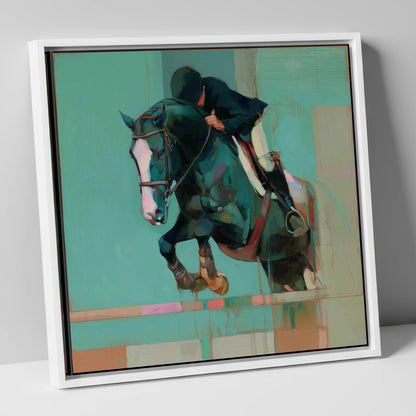 Suspended in Teal show jumping horse canvas wall art in white frame