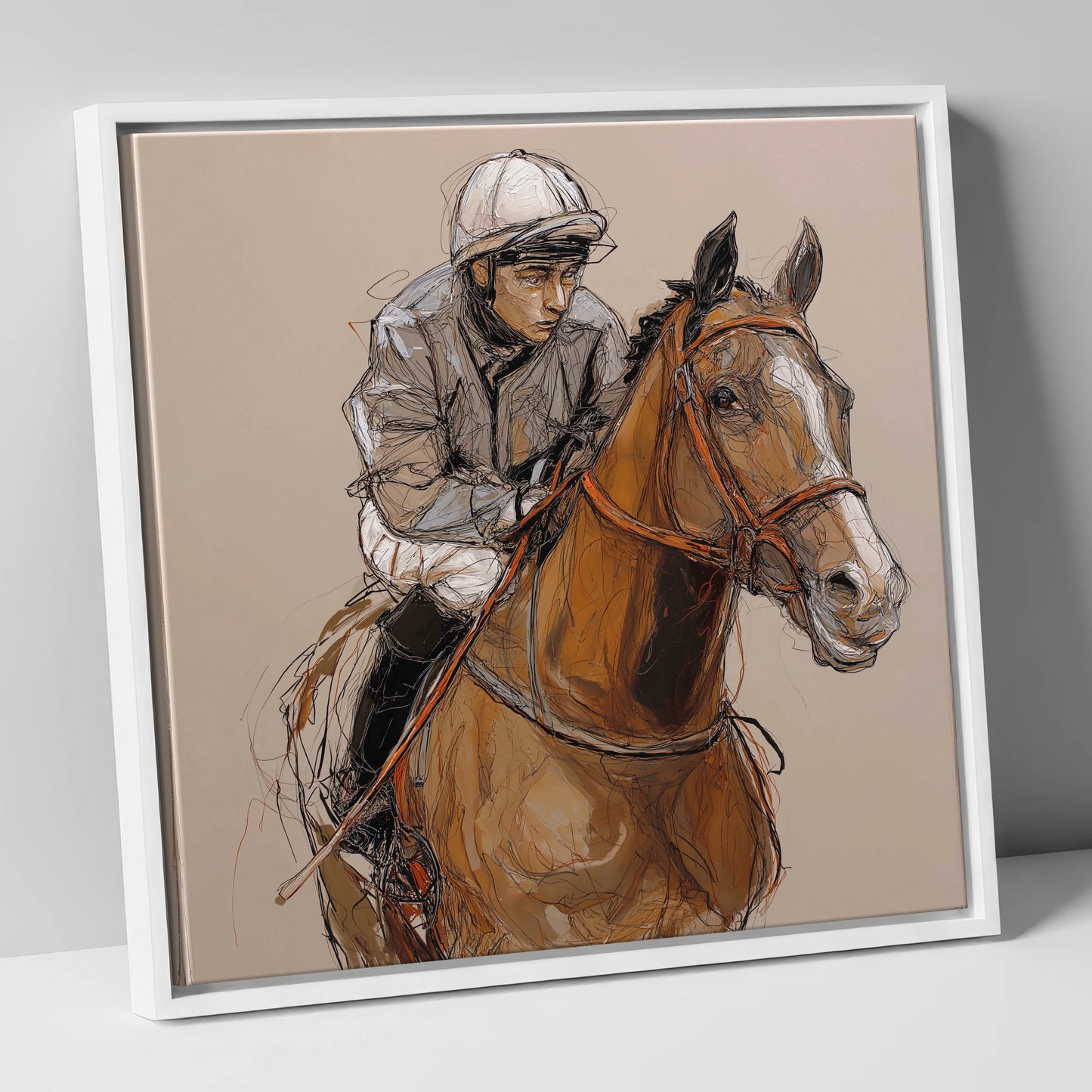 Moments Before the Off racing horse canvas wall art in white frame