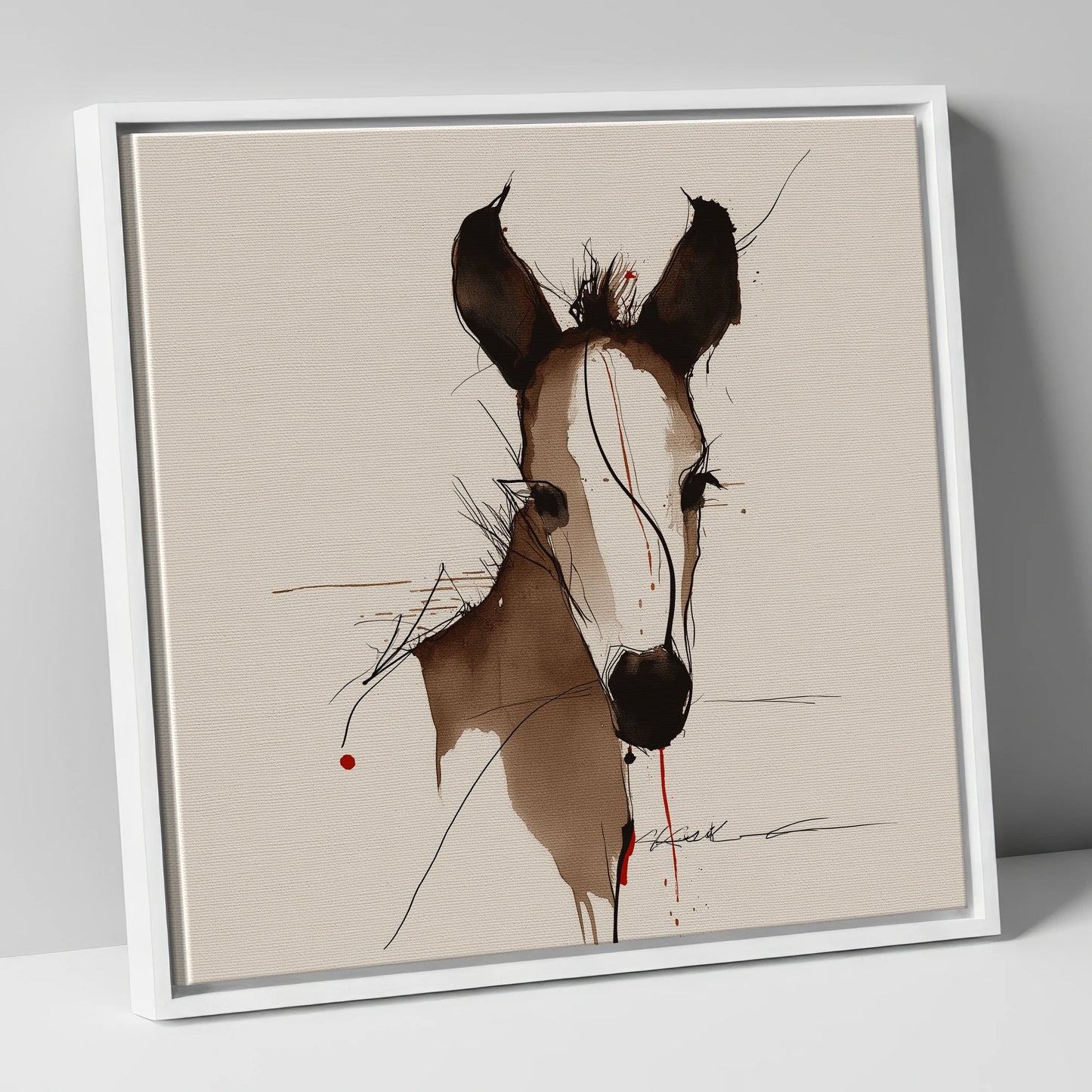 Delicate Ink Foal horse portrait canvas wall art in white frame