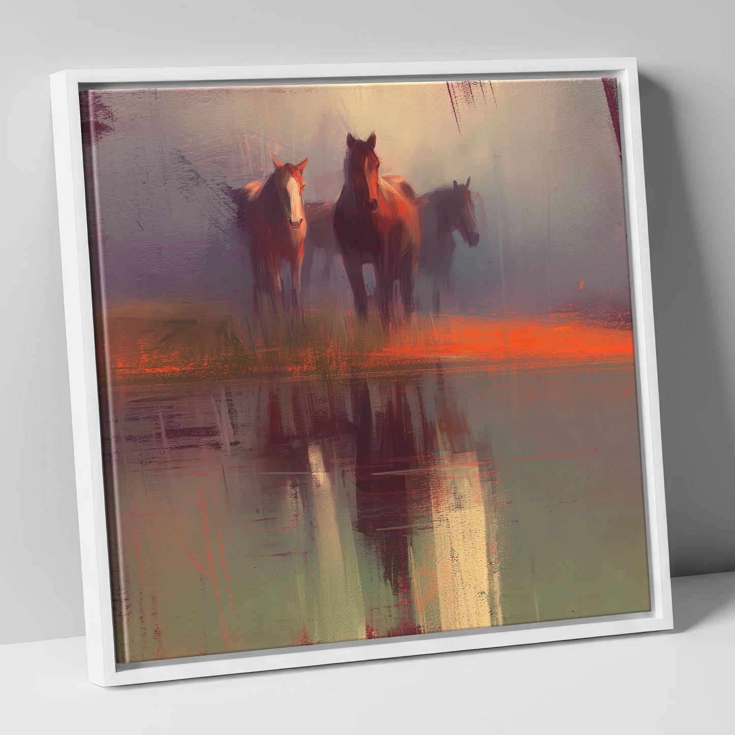 Ember Reflections wild horses canvas wall art in white frame