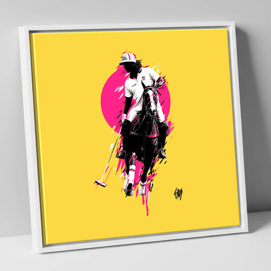 The Vibrant Chukka polo horse canvas wall art in white frame