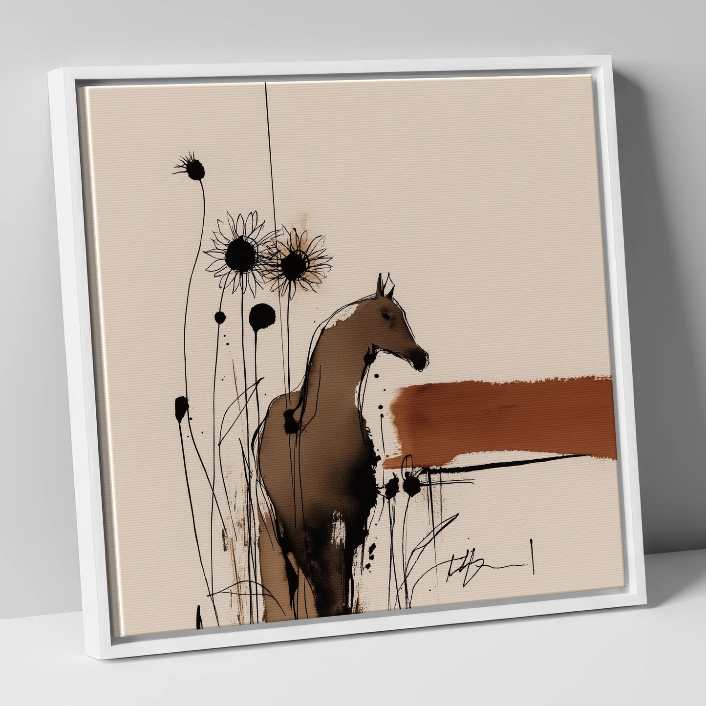 Rust and Shadows horse portrait canvas wall art in white frame