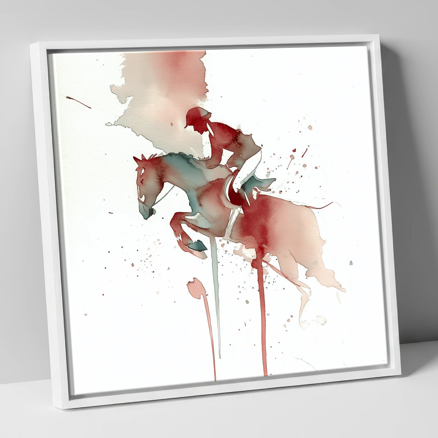 Crimson Flight show jumping horse canvas wall art in white frame