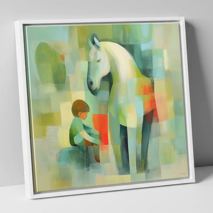 The Quiet Companion horse & rider canvas wall art in white frame