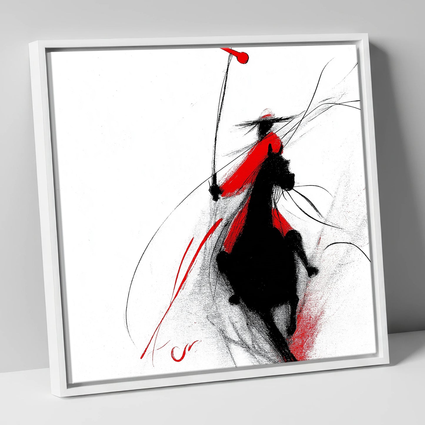 Crimson Polo Strike polo horse canvas wall art in white frame