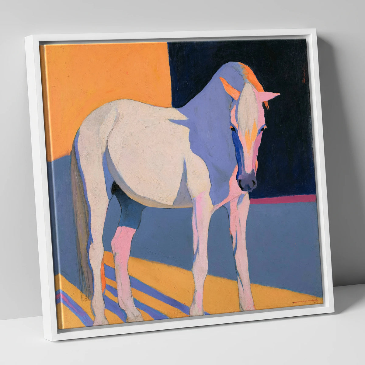 Vibrant Colour Block Grey Horse horse breed canvas wall art in white frame