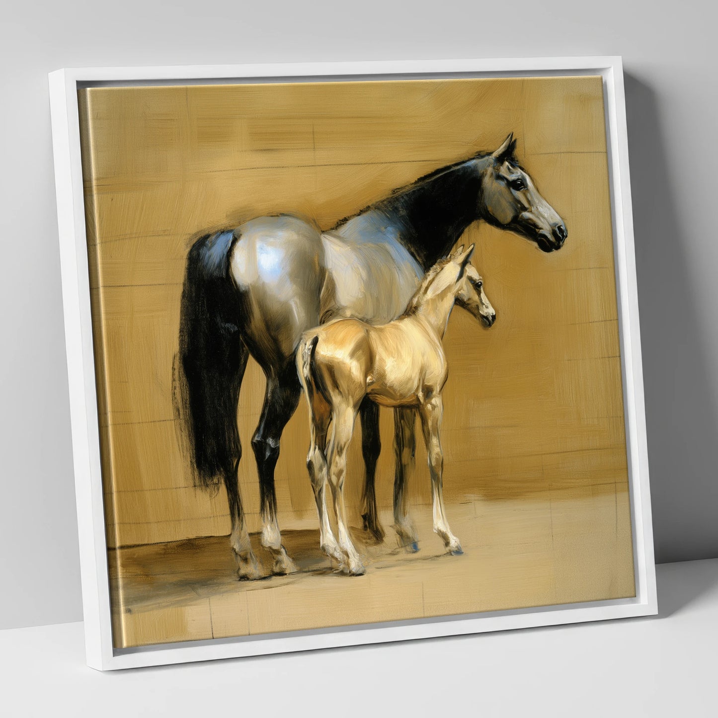 Slate and Gold mare & foal canvas wall art in white frame