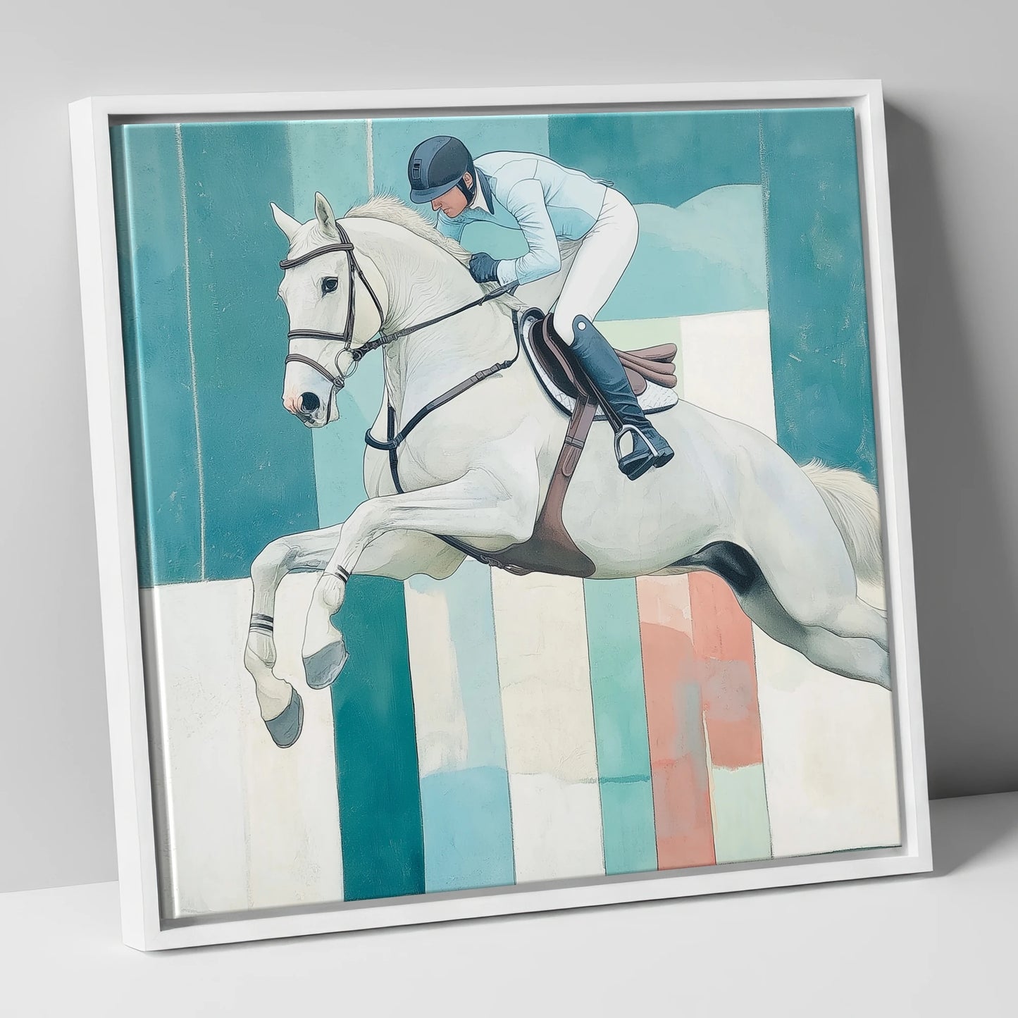 Aquamarine Ascent show jumping horse canvas wall art in white frame