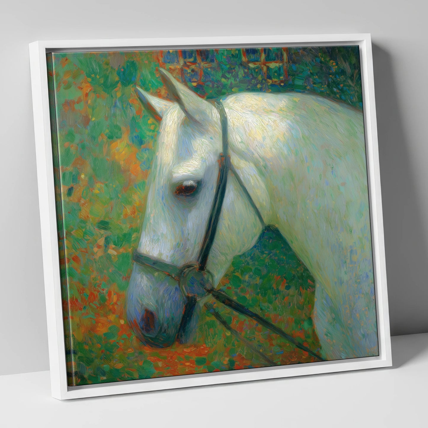 Radiant Grey Portrait horse portrait canvas wall art in white frame