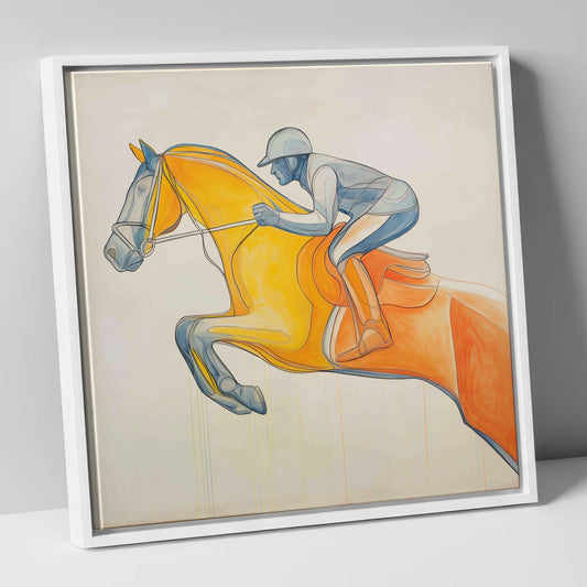 The Amber Arc show jumping horse canvas wall art in white frame