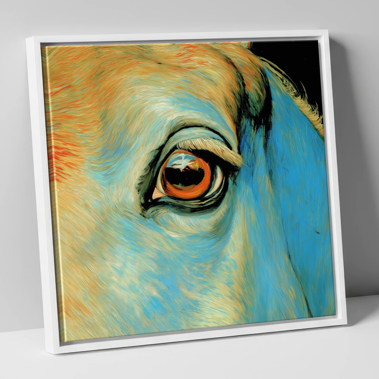 The Azure Gaze horse portrait canvas wall art in white frame