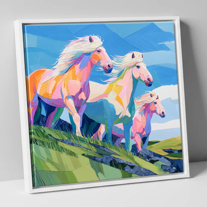 Radiant Hillside Herd horse landscape canvas wall art in white frame