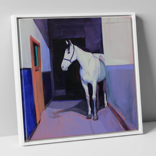 Twilight Stable Solitude horse stable canvas wall art in white frame
