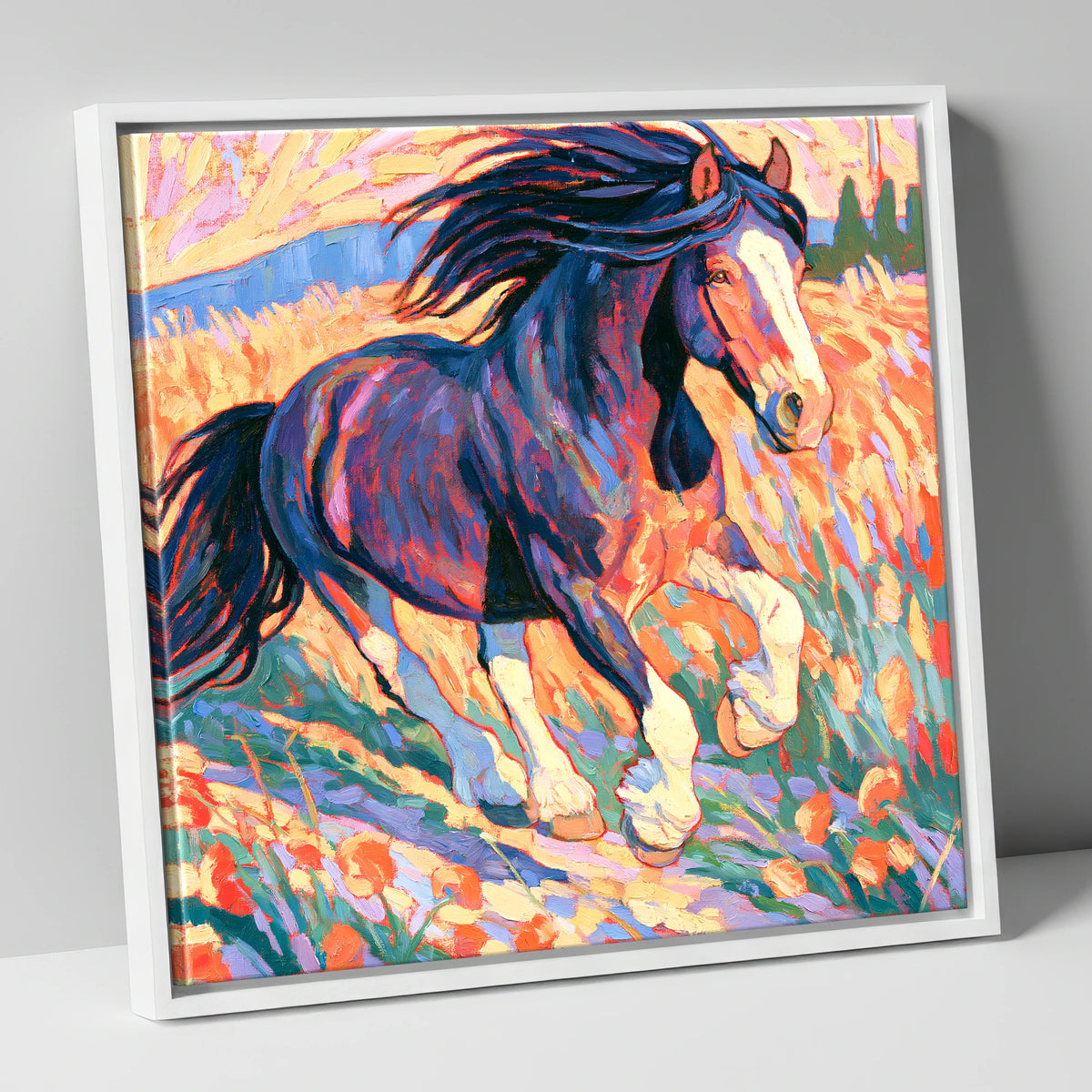 Colourful Cantering Heavy Horse horse breed canvas wall art in white frame