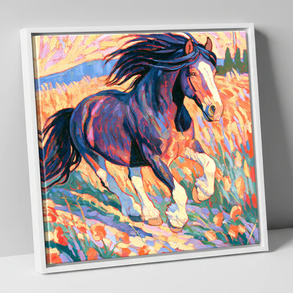 Colourful Cantering Heavy Horse horse breed canvas wall art in white frame