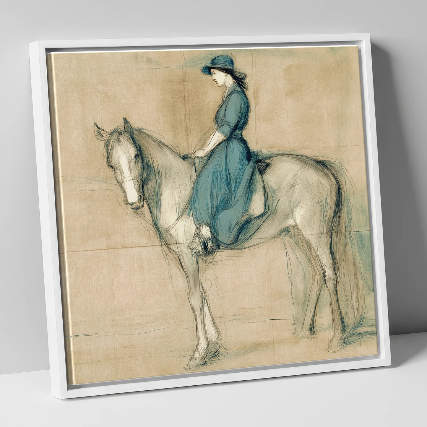 The Lady in Teal horse & rider canvas wall art in white frame