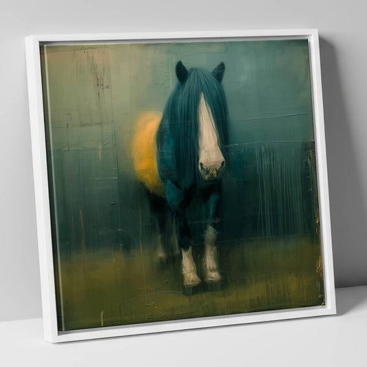 Quiet Draught in Teal horse breed canvas wall art in white frame