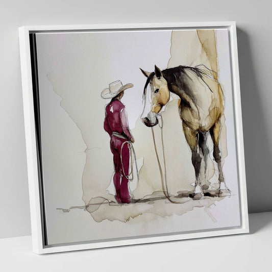 A Quiet Understanding western horse canvas wall art in white frame