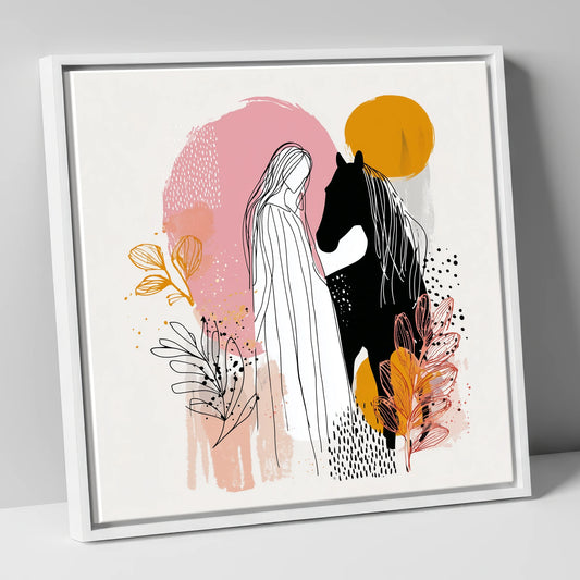 Abstract Equine Harmony horse & rider canvas wall art in white frame