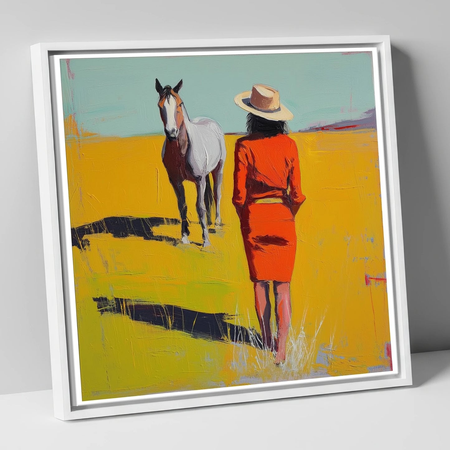 Sunlit Connection horse & rider canvas wall art in white frame