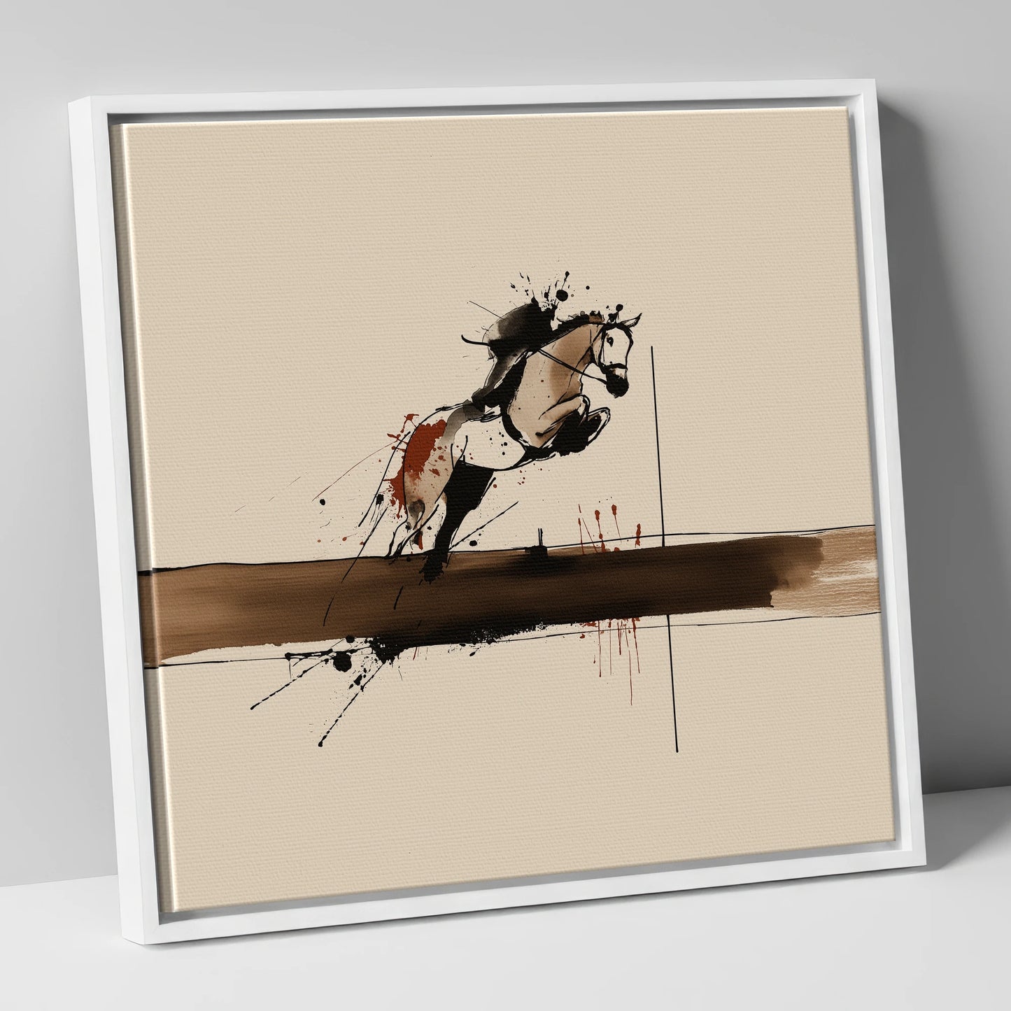 Moment of Suspension show jumping horse canvas wall art in white frame